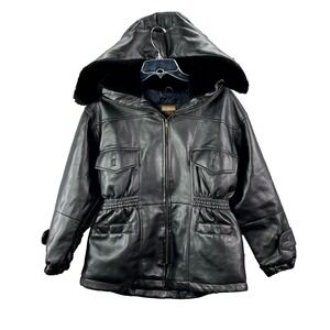 ADA Faux Leather Hooded Jacket Womens Large Black Insulated Full Zip Gorpcore